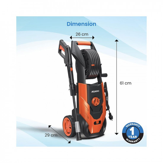 AGARO Royal High Pressure washer, 1800 Watts Motor, 140 Bars, 7L/Min Flow Rate, 5 Meters Outlet Hose, Upright Design With Wheel, For Car, Bike and Home Cleaning Purpose, Turbo Nozzle, Black and Orange