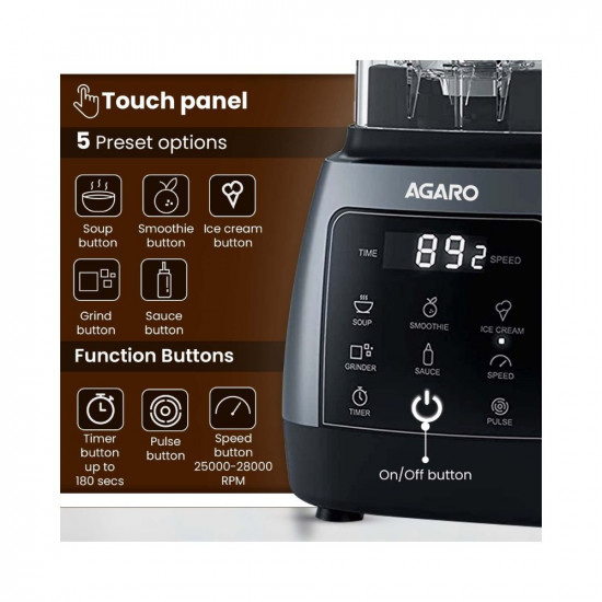 AGARO Royal Professional BlenderGrinderMixer 2000W 5 Preset Function Commercial heavy duty blender High Power  Speed Blender 9 Speed Settings Pulse  Timer 2L  600ml Small Grinding Jar