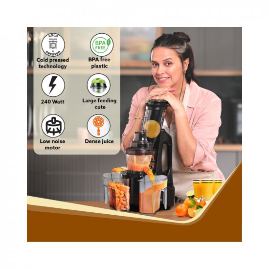 AGARO Royal Slow Juicer, Professional Cold Press Whole Slow Juicer, 240 Watts Power Motor, 120 Minutes Long Usage, 3 Strainers, All-in-1 Fruit & Vegetable Juicer, Black