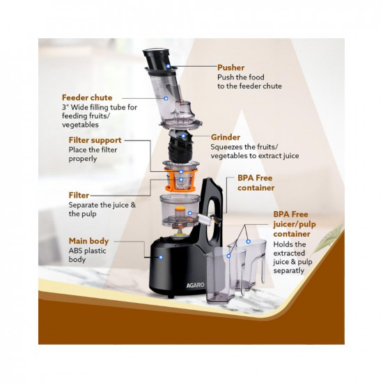 AGARO Royal Slow Juicer, Professional Cold Press Whole Slow Juicer, 240 Watts Power Motor, 120 Minutes Long Usage, 3 Strainers, All-in-1 Fruit & Vegetable Juicer, Black