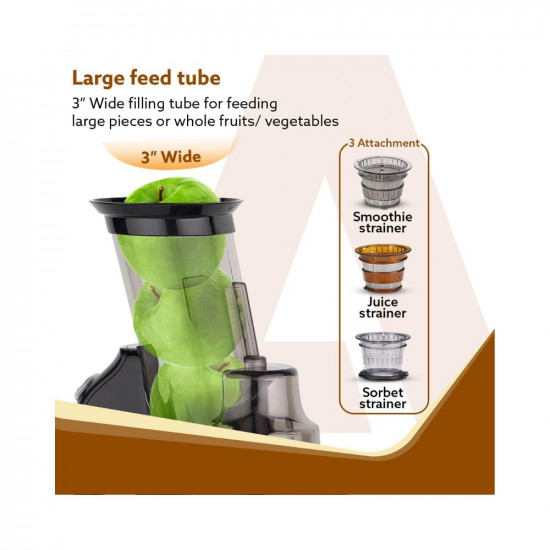AGARO Royal Slow Juicer, Professional Cold Press Whole Slow Juicer, 240 Watts Power Motor, 120 Minutes Long Usage, 3 Strainers, All-in-1 Fruit & Vegetable Juicer, Black