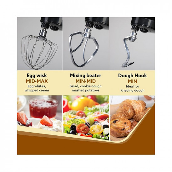 AGARO Royal Stand Mixer 1000W with 5L SS Bowl and 8 Speed Setting I Includes Whisking Cone Mixing Beater  Dough Hook and Splash Guard 2 Years Warranty Black