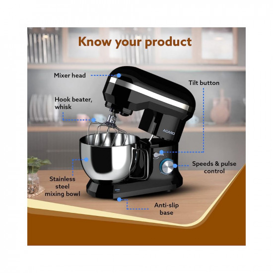 AGARO Royal Stand Mixer 1000W with 5L SS Bowl and 8 Speed Setting I Includes Whisking Cone Mixing Beater  Dough Hook and Splash Guard 2 Years Warranty Black