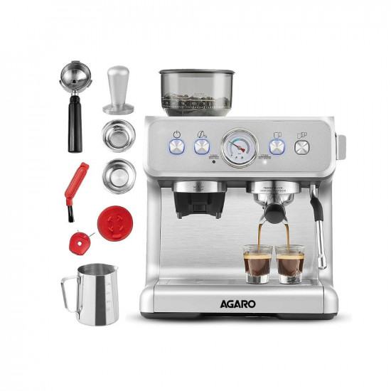 AGARO Supreme Espresso Coffee Maker With Grinder 20 Bars Semi Automatic Dual Heating System Steam Wand And Adjustable Milk Frothing All in One Espresso Cappuccino Steam Espresso Maker