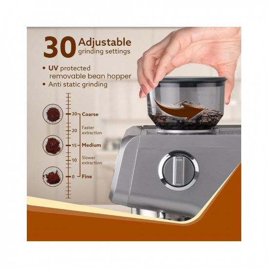 AGARO Supreme Espresso Coffee Maker With Grinder 20 Bars Semi Automatic Dual Heating System Steam Wand And Adjustable Milk Frothing All in One Espresso Cappuccino Steam Espresso Maker