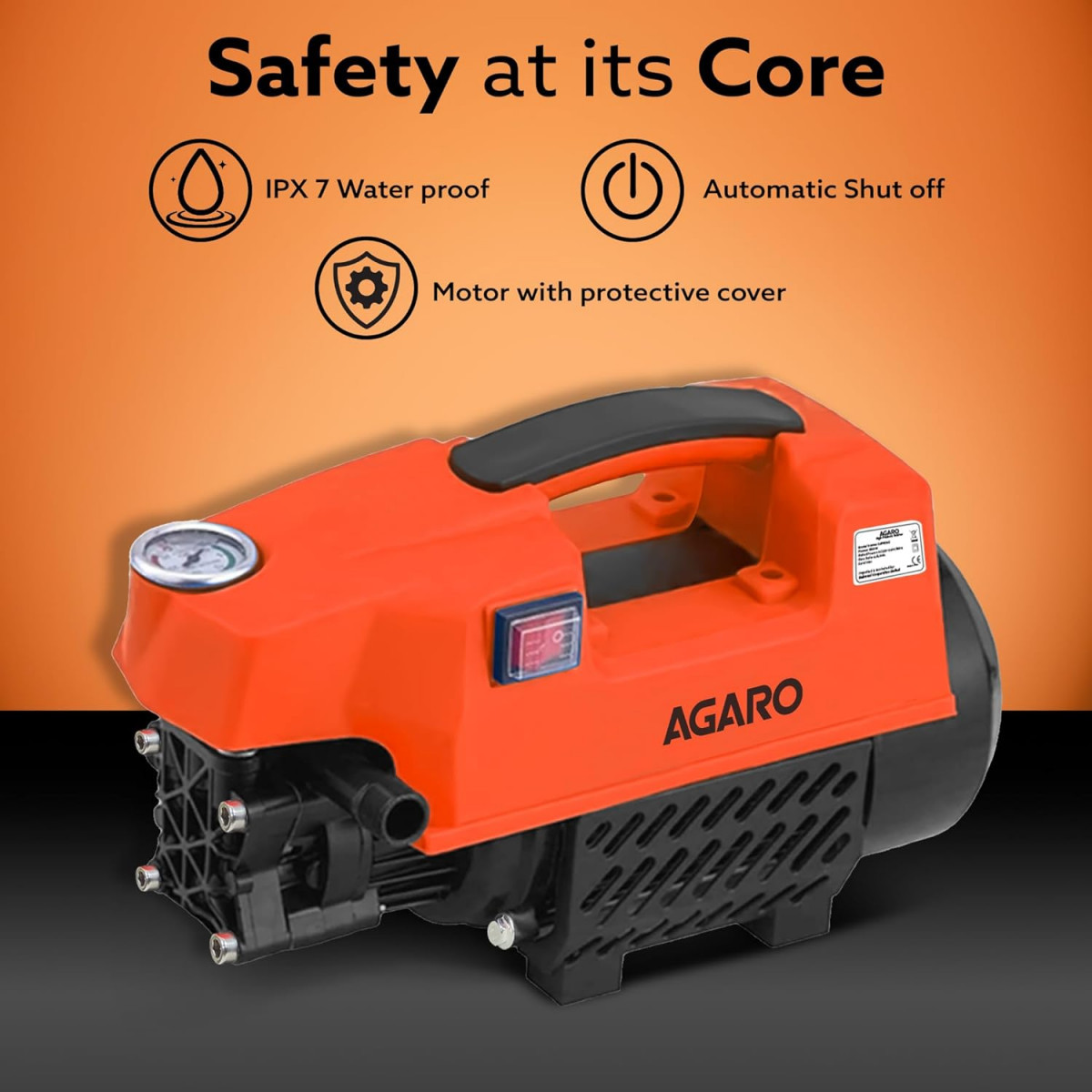 AGARO Supreme High Pressure Washer Car Washer 1800 Watts Motor 120 Bars 65LMin Flow Rate 8 Meters Outlet Hose Portable Car Bike  Home Cleaning Black and Orange