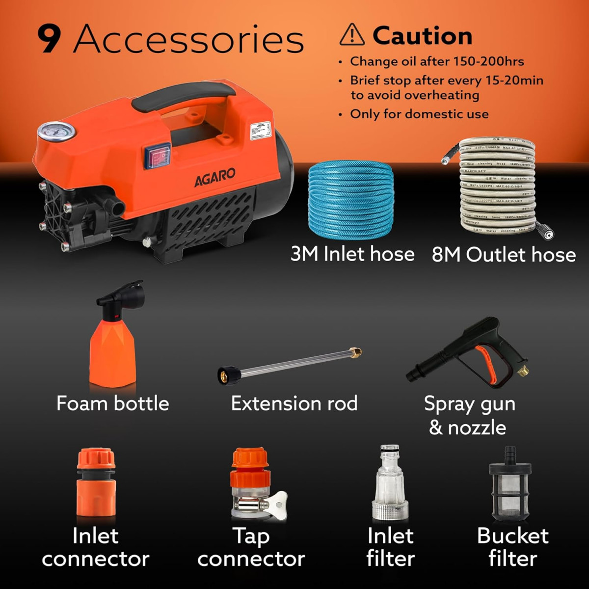 AGARO Supreme High Pressure Washer Car Washer 1800 Watts Motor 120 Bars 65LMin Flow Rate 8 Meters Outlet Hose Portable Car Bike  Home Cleaning Black and Orange