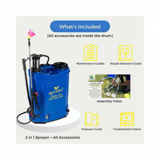 AgrOMill Turbo 2-in-1 Agriculture Sprayer Pump  Manual and Automatic Spray Machine for Agriculture Gardening  Sanitizing  Assembly Videos  Guides Included  16 litres Tank with 12Vx8aH Battery