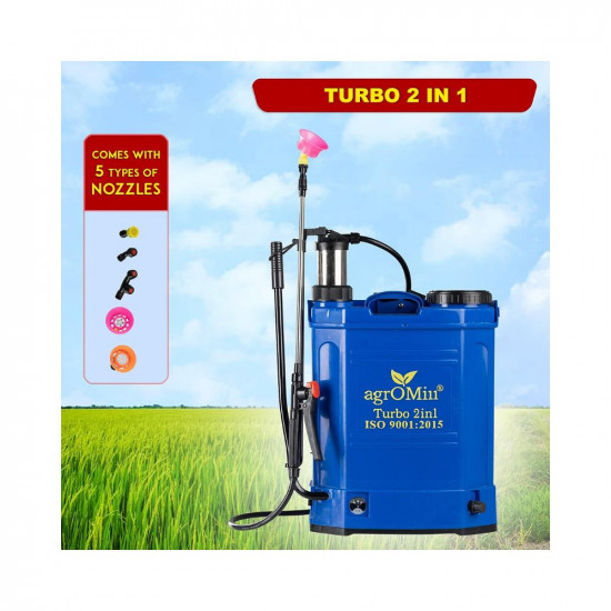 AgrOMill Turbo 2-in-1 Agriculture Sprayer Pump  Manual and Automatic Spray Machine for Agriculture Gardening  Sanitizing  Assembly Videos  Guides Included  16 litres Tank with 12Vx8aH Battery