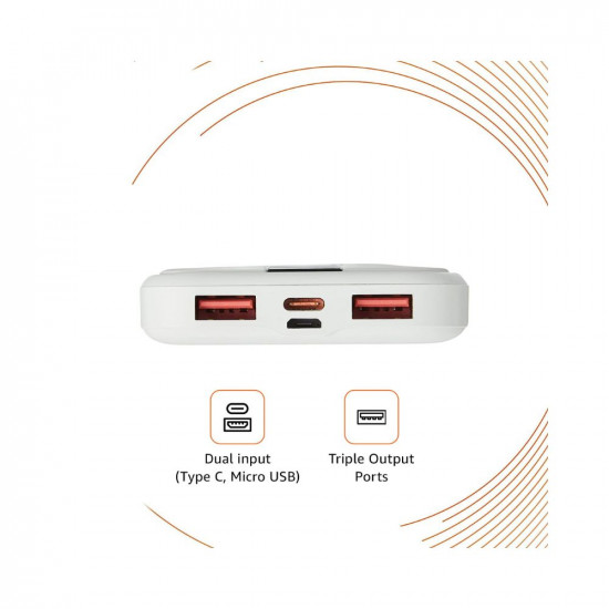 Amazon Basics 10000 mAh 22.5W Fast Charging Lithium Polymer Power Bank | Charging Indicator + Type C Cable | Triple Output, White