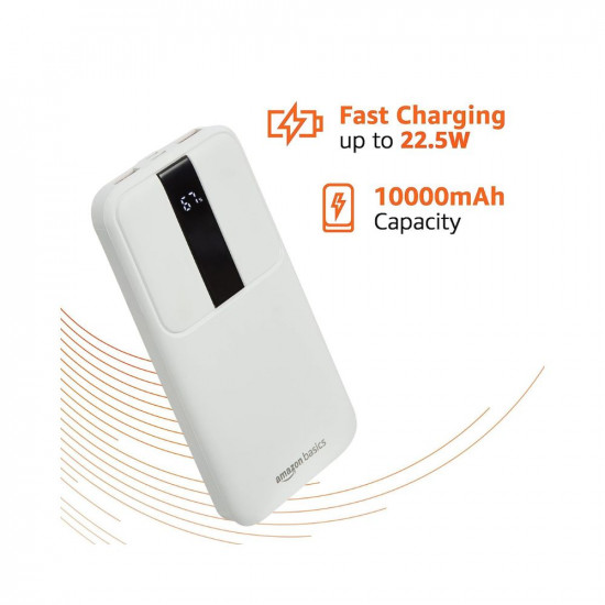 Amazon Basics 10000 mAh 22.5W Fast Charging Lithium Polymer Power Bank | Charging Indicator + Type C Cable | Triple Output, White
