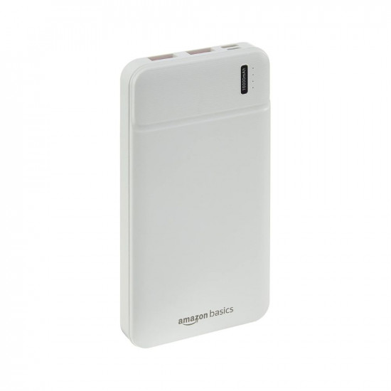 Amazon Basics 10000 mAh 22.5W Fast Charging Lithium Polymer Power Bank with Type C Cable | Dual Input, Triple Output | White