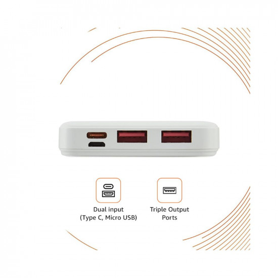 Amazon Basics 10000 mAh 22.5W Fast Charging Lithium Polymer Power Bank with Type C Cable | Dual Input, Triple Output | White