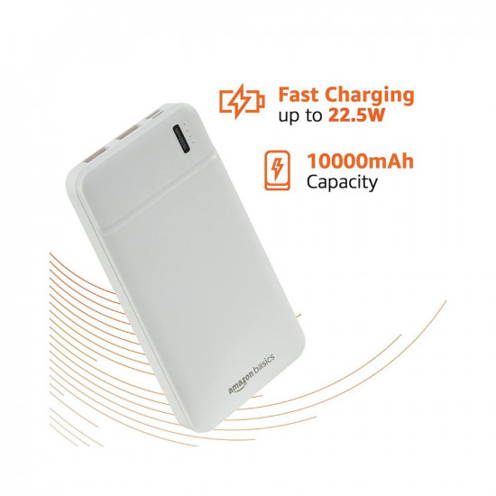 Amazon Basics 10000 mAh 22.5W Fast Charging Lithium Polymer Power Bank with Type C Cable | Dual Input, Triple Output | White