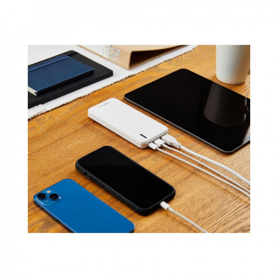 Amazon Basics 10000 mAh 22.5W Fast Charging Lithium Polymer Power Bank with Type C Cable | Dual Input, Triple Output | White
