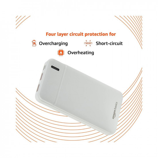 Amazon Basics 10000 mAh 22.5W Fast Charging Lithium Polymer Power Bank with Type C Cable | Dual Input, Triple Output | White