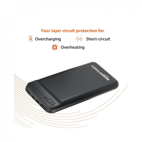 Amazon Basics 10000mAh 12W Lithium-Polymer Power Bank | Dual Input, Dual Output | Black, Type-C Cable Included