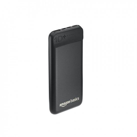 Amazon Basics 10000mAh 12W Lithium-Polymer Power Bank | Dual Input, Dual Output | Black, Type-C Cable Included