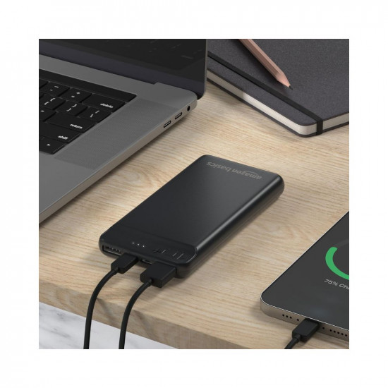 Amazon Basics 10000mAh 12W Lithium-Polymer Power Bank | Dual Input, Dual Output | Black, Type-C Cable Included