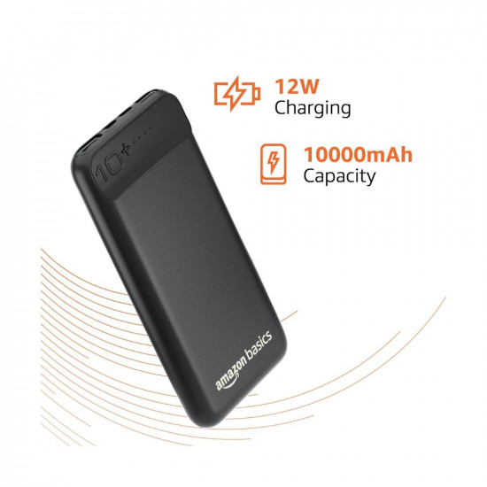 Amazon Basics 10000mAh 12W Lithium-Polymer Power Bank | Dual Input, Dual Output | Black, Type-C Cable Included
