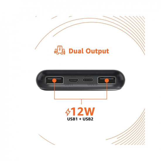 Amazon Basics 10000mAh 12W Lithium-Polymer Power Bank | Dual Input, Dual Output | Black, Type-C Cable Included