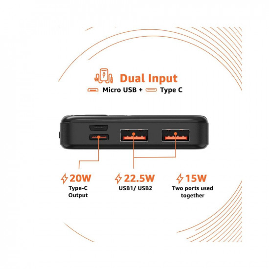 Amazon Basics 10000mAh 22.5W Lithium-Polymer Power Bank | Dual Input, Triple Output | Fast Charging, Black, Type-C Cable Included