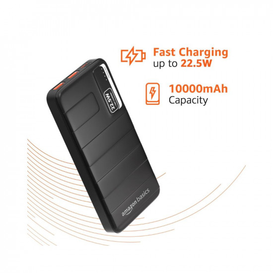 Amazon Basics 10000mAh 22.5W Lithium-Polymer Power Bank | Dual Input, Triple Output | Fast Charging, Black, Type-C Cable Included