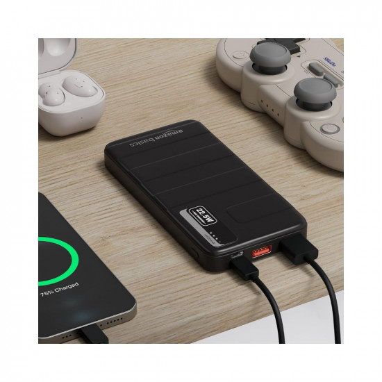 Amazon Basics 10000mAh 22.5W Lithium-Polymer Power Bank | Dual Input, Triple Output | Fast Charging, Black, Type-C Cable Included