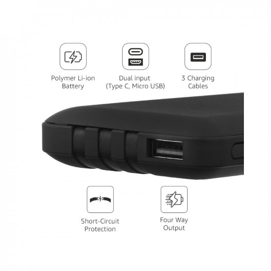 Amazon Basics 10000mAH Lithium Polymer Power Bank | 3 Charging Cables Included | Four Way Output (Micro USB, Type C, iPhone Cables and 1 USB Port), Dual Input (Type C, Micro USB) | Black