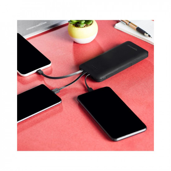 Amazon Basics 10000mAH Lithium Polymer Power Bank | 3 Charging Cables Included | Four Way Output (Micro USB, Type C, iPhone Cables and 1 USB Port), Dual Input (Type C, Micro USB) | Black