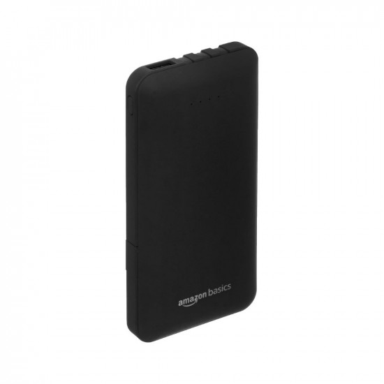 Amazon Basics 10000mAH Lithium Polymer Power Bank | 3 Charging Cables Included | Four Way Output (Micro USB, Type C, iPhone Cables and 1 USB Port), Dual Input (Type C, Micro USB) | Black