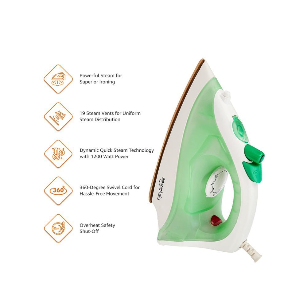 Amazon Basics 1200W Steam Iron with Spray White and Green