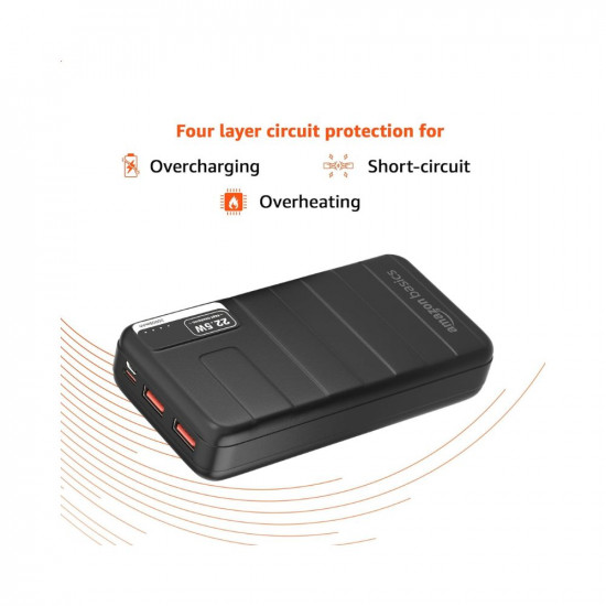 Amazon Basics 20000mAh 22.5W Lithium-Polymer Power Bank | Dual Input, Triple Output | Fast Charging, Black, Type-C Cable Included