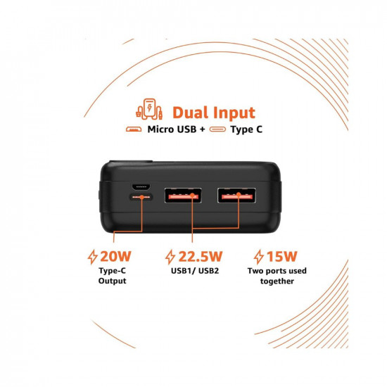 Amazon Basics 20000mAh 22.5W Lithium-Polymer Power Bank | Dual Input, Triple Output | Fast Charging, Black, Type-C Cable Included