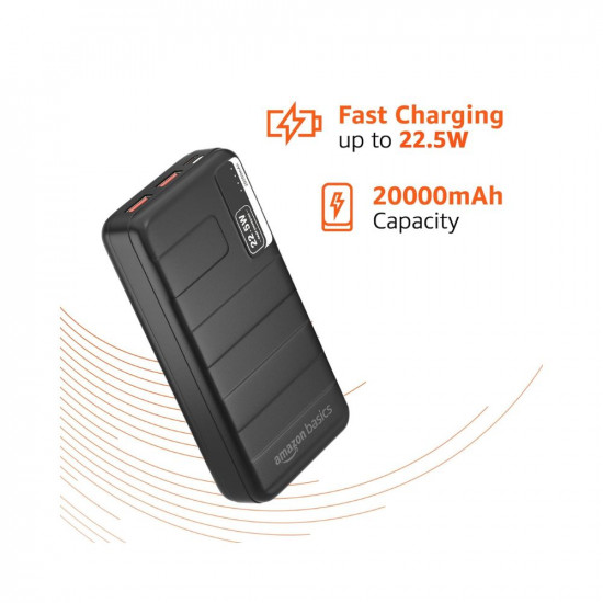 Amazon Basics 20000mAh 22.5W Lithium-Polymer Power Bank | Dual Input, Triple Output | Fast Charging, Black, Type-C Cable Included