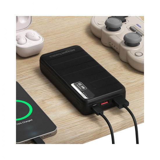 Amazon Basics 20000mAh 22.5W Lithium-Polymer Power Bank | Dual Input, Triple Output | Fast Charging, Black, Type-C Cable Included