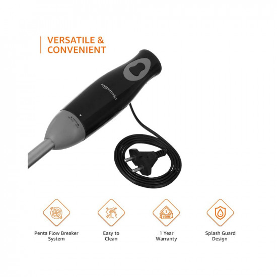 Amazon Basics 300 W Hand Blender with Stainless Steel Stem for Hot/Cold Blending and In-Built Cord Hook, ISI-Marked, Black