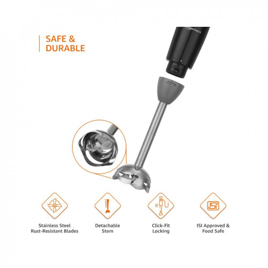 Amazon Basics 300 W Hand Blender with Stainless Steel Stem for Hot/Cold Blending and In-Built Cord Hook, ISI-Marked, Black
