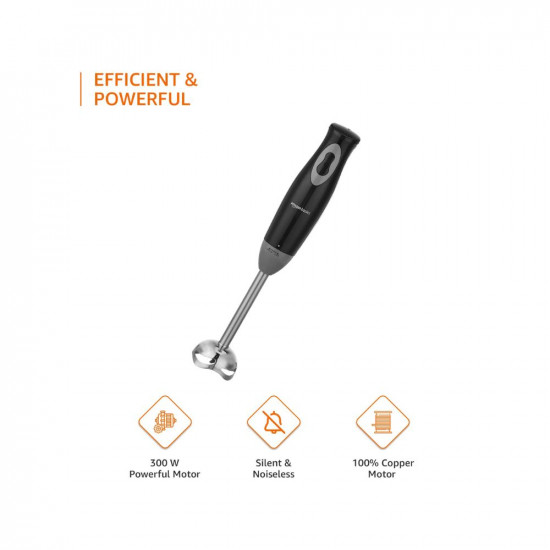 Amazon Basics 300 W Hand Blender with Stainless Steel Stem for Hot/Cold Blending and In-Built Cord Hook, ISI-Marked, Black