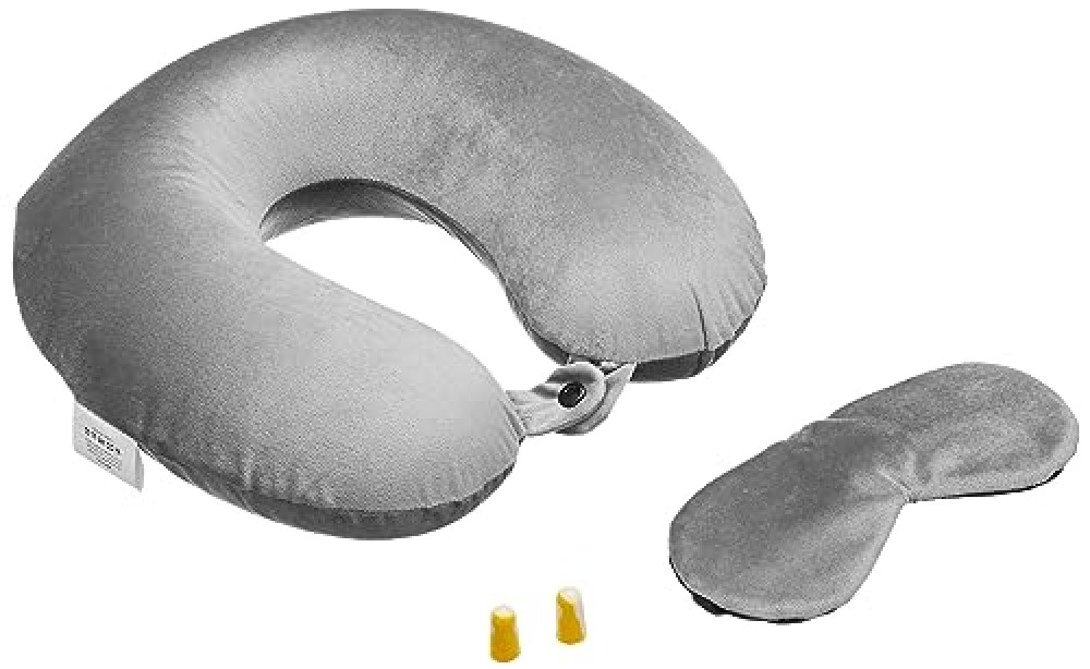 amazon basics Memory Foam Travel Neck Pillow with Eye Mask and Ear Plugs Combo, Unisex, U-Shaped, Melange