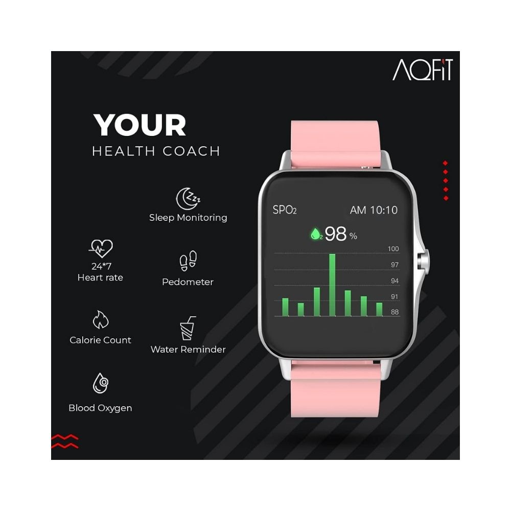 AQFIT W12 Smartwatch IP68 Water Resistant | 1.69â Full Touch Screen Display for Men and Women(Pink with Silver dial)