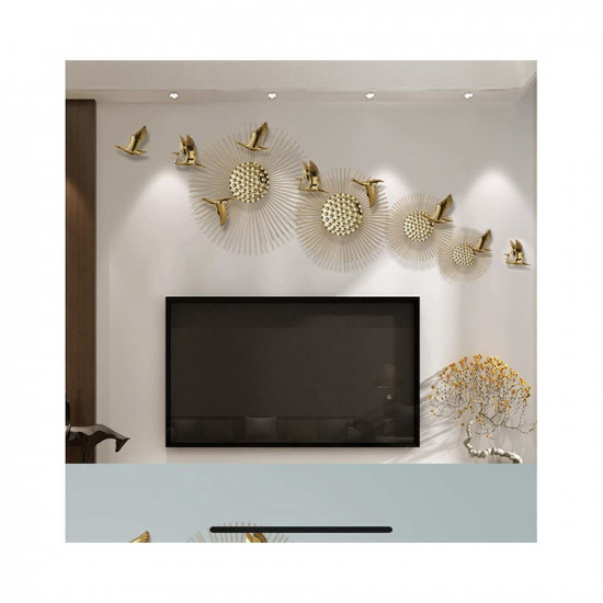 ARCADIA Metal Sun With Flying Birds Set of 11 Metal Wall Art for Living Room I Bedroom I Drawing Room I office Wall decor Metal Art (90x26 Inch, Electroplated Gold)