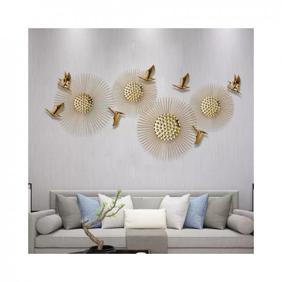 ARCADIA Metal Sun With Flying Birds Set of 11 Metal Wall Art for Living Room I Bedroom I Drawing Room I office Wall decor Metal Art (90x26 Inch, Electroplated Gold)