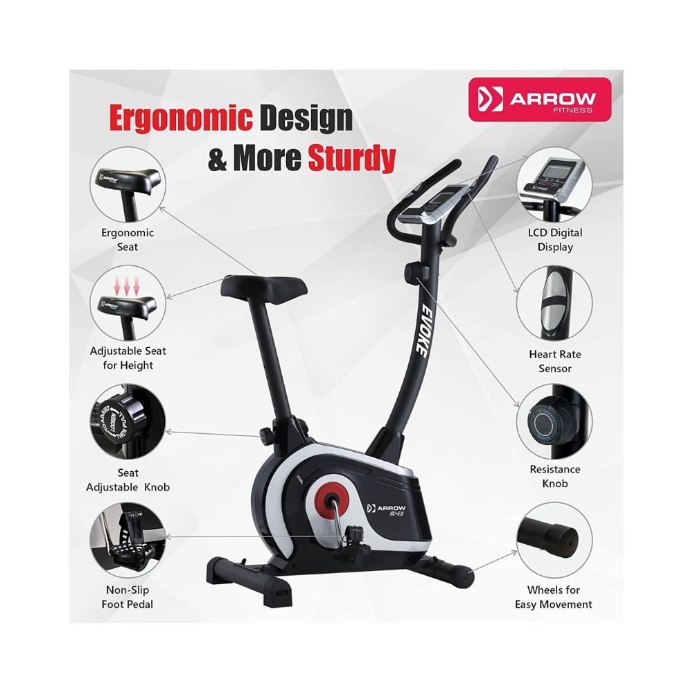 Arrow Fitness Evoke Magnetic-Resistance Upright Exercise Bike For Home Use Cardio Workout (Black, Silver, Red)