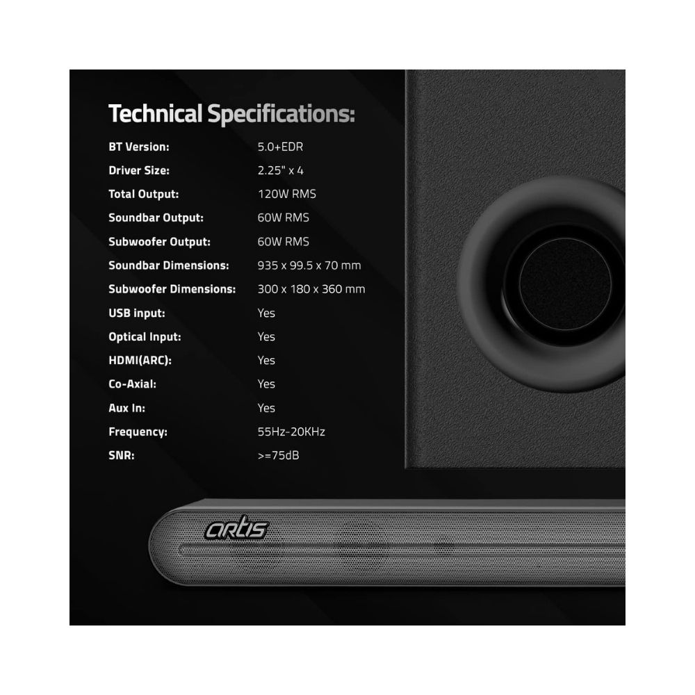 Artis BT-X9 120W 21Channel Wireless Bluetooth Sound bar  Wireless Subwoofer Black