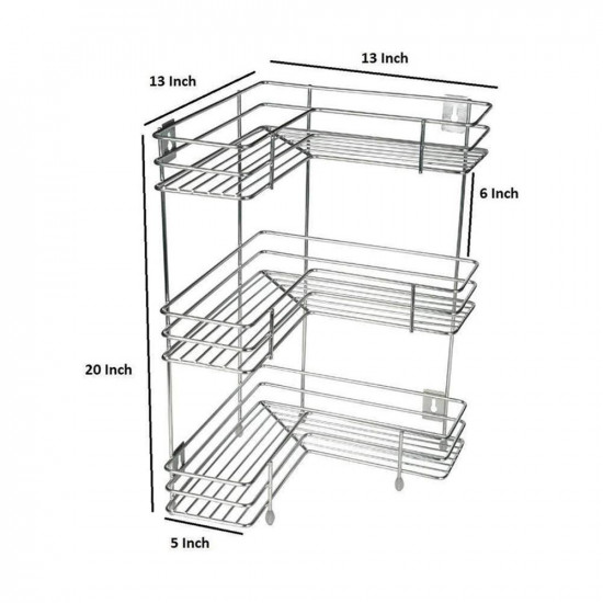 ASHLAS L Corner Shape Stand Triple Layer Stainless Steel Multipurpose Storage Rack - Kitchen - Bathroom (Silver), Corner Shelf
