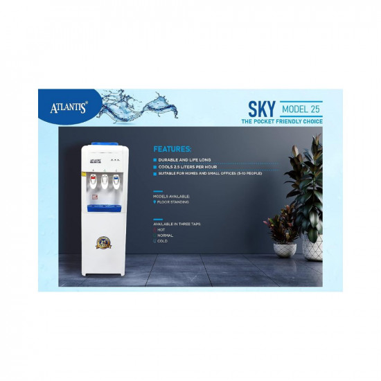 ATLANTIS Sky Hot Cold and Normal Bottled Water Dispenser Floor Standing with Refrigeration  Cooling 25 Liter per Hour - 3 Taps Functions Free 1 Pack 10 Sachets Ginger Chai Premix