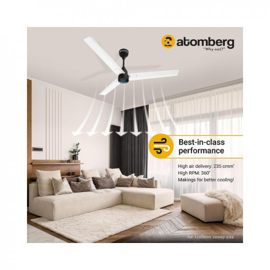 Atomberg Renesa 1200mm BLDC Motor 5 Star Rated Sleek Ceiling Fans with Remote Control | Upto 65% Energy Saving, High Air Delivery and LED Indicators | 2+1 Year Warranty (White and Black) | Winner of National Energy Conservation Awards (2022)
