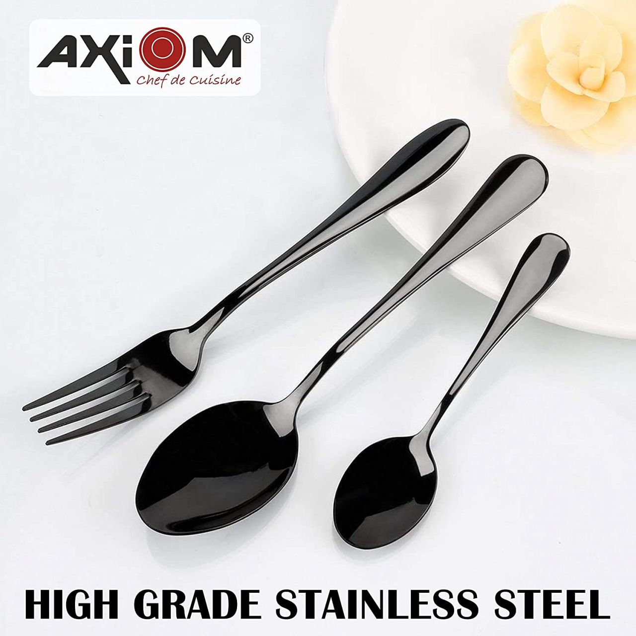 AXIOM Black Cutlery Set Stainless Steel. 18 Pieces Premium Spoons & Forks