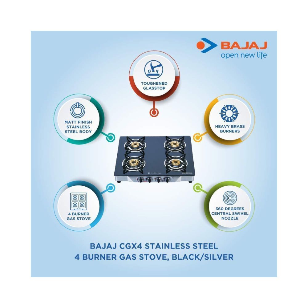 Bajaj , Stainless Steel Radiant Glass Top 4 Burner Gas Stove Cgx4 (Multicolour)